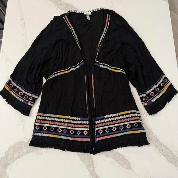 Knox Rose Open Front Embroidered Boho Kimono Womens Medium Black Tassle Cardigan - Picture 1 of 7